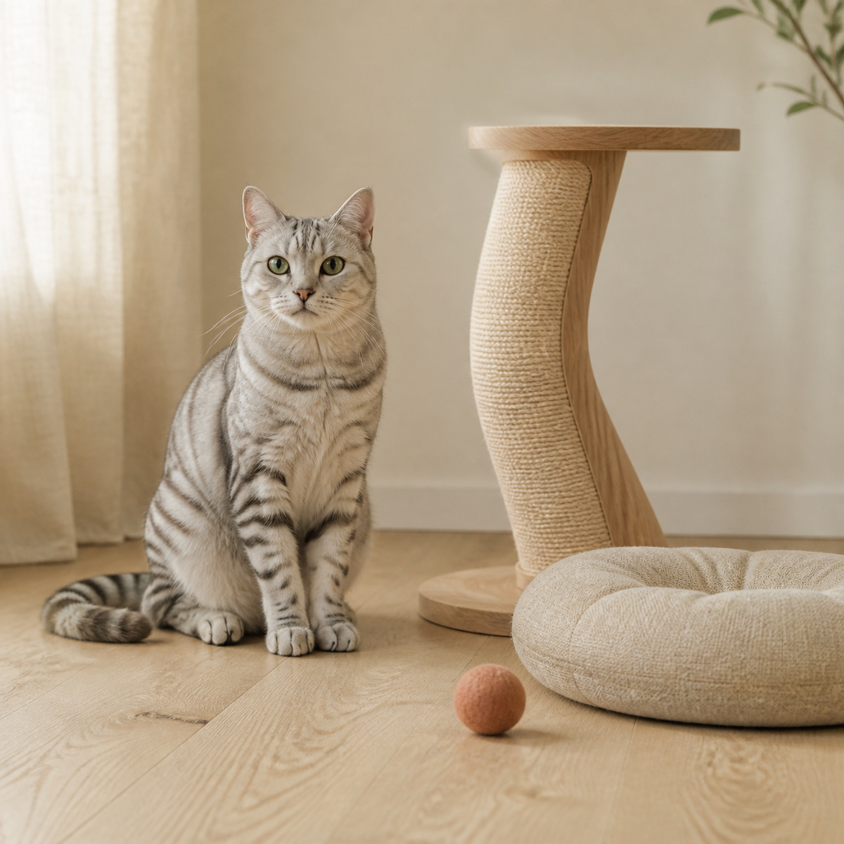 Silver tabby cat beside a scratcher and cushion