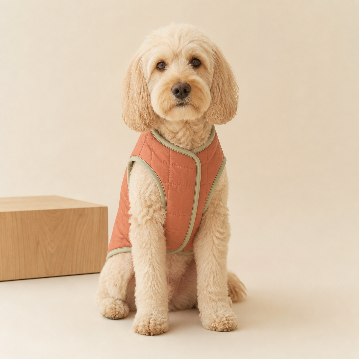 Dog wearing a comfortable terracotta quilted pet jacket