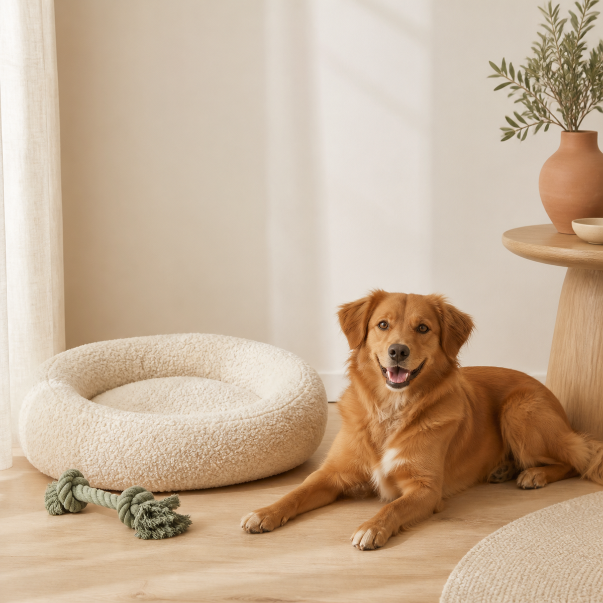 Dog resting beside a cozy bed and rope toy