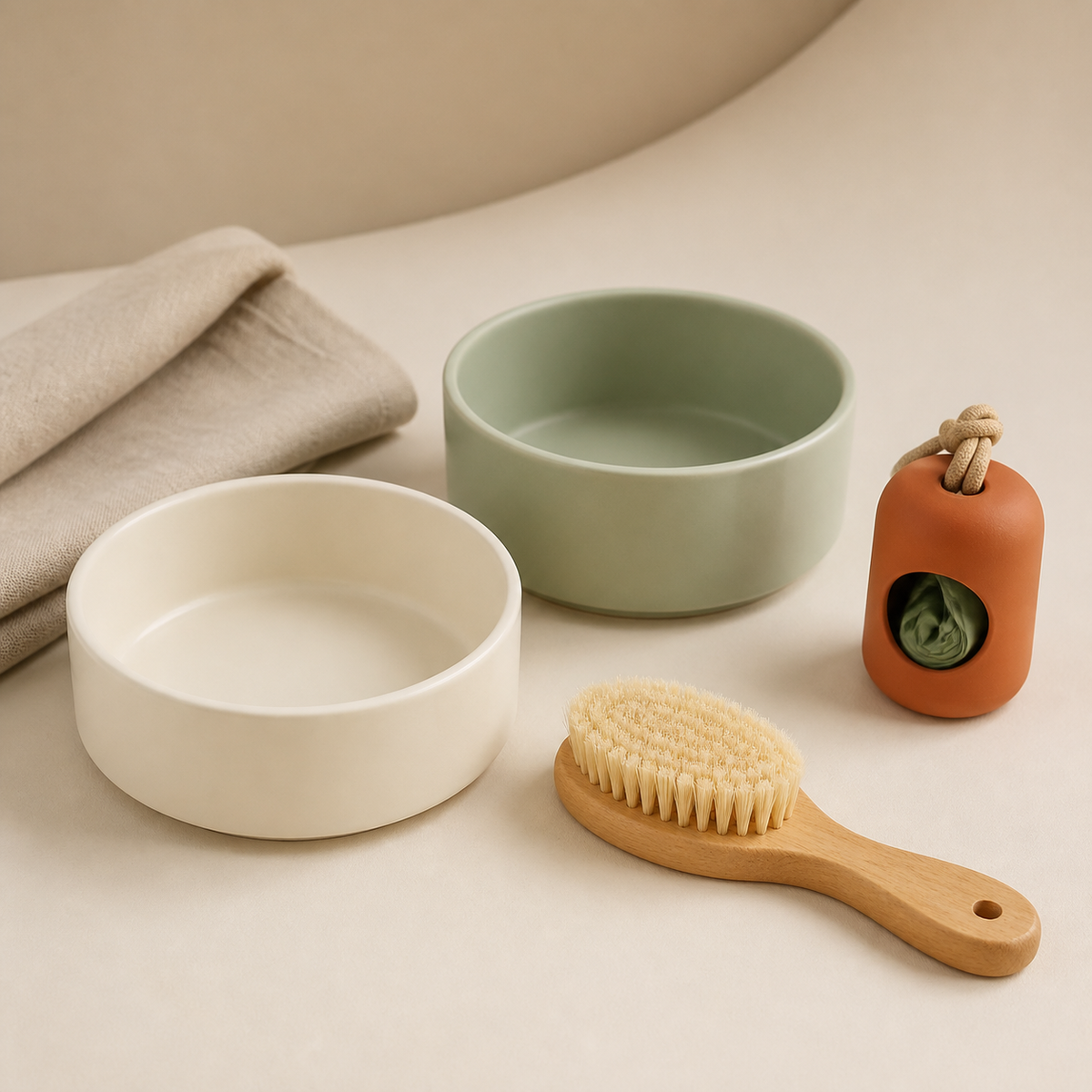 Pet bowls, grooming brush, and everyday care supplies