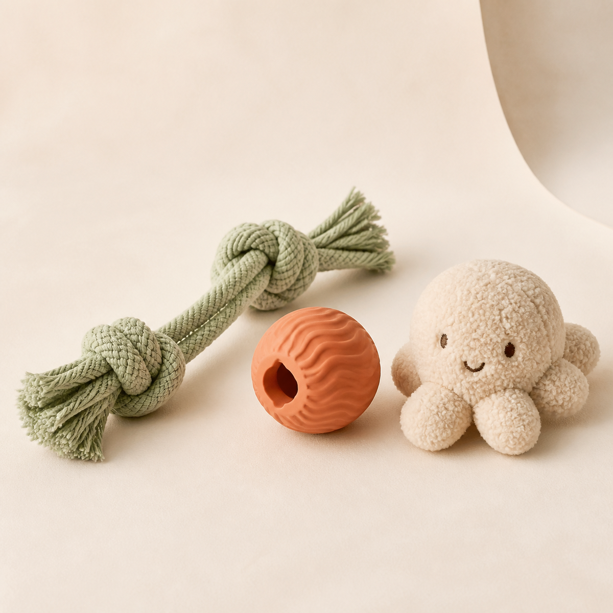 Curated pet toys in sage, terracotta, and cream