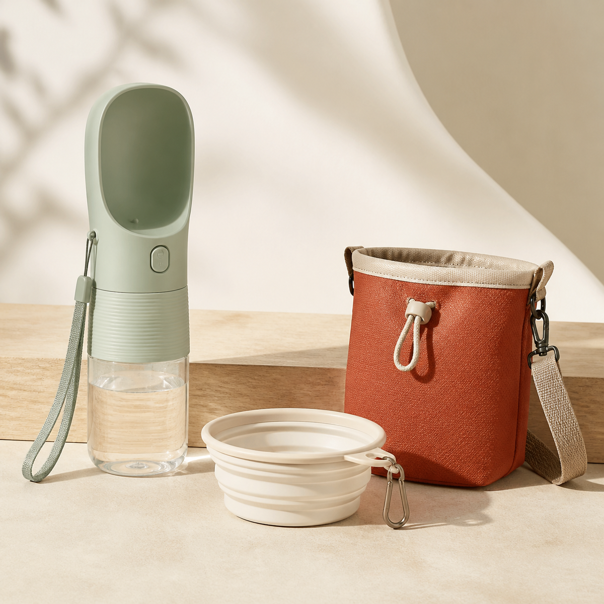 Portable pet water bottle, travel bowl, and treat pouch