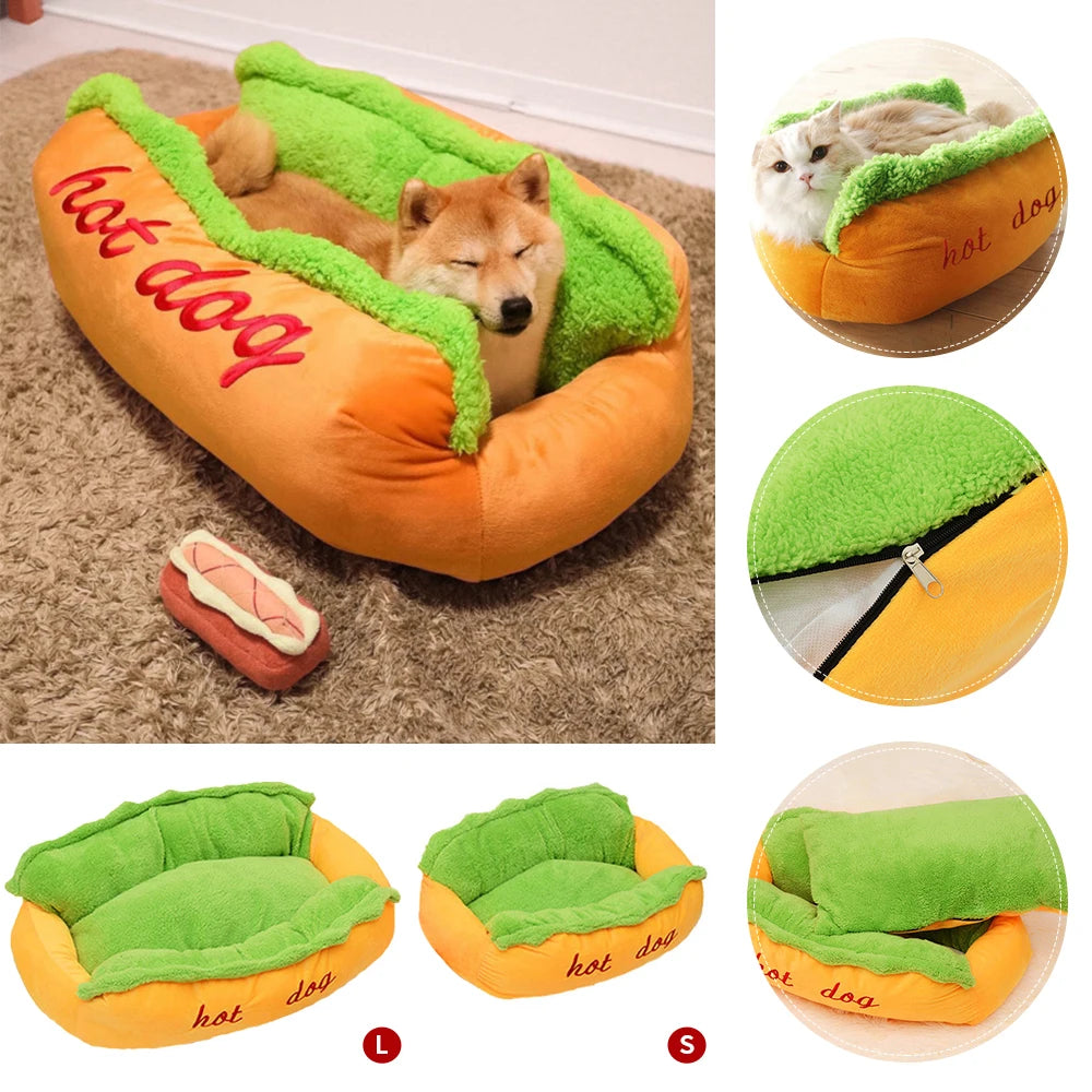 Dog in the hot dog bed with feature details