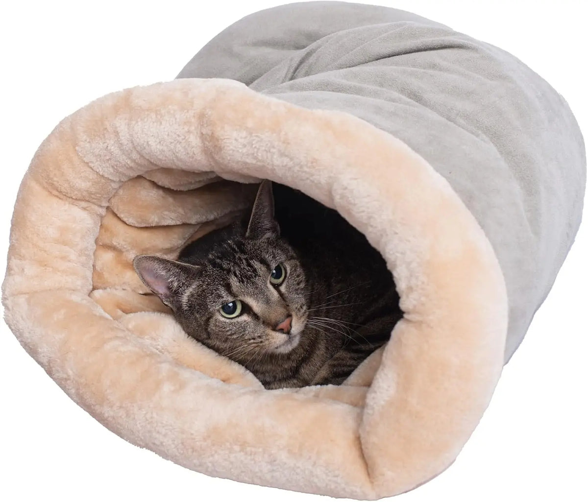 Cat inside the gray plush cave