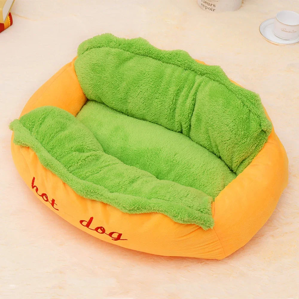 Hot dog-shaped dog bed front view