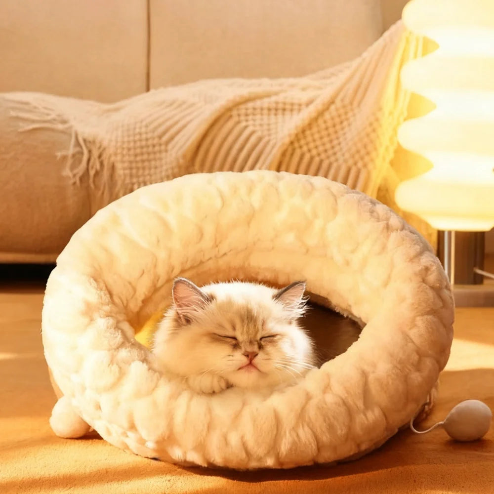 Upgraded Enclosed Cat Bed: Winter Snuggle Sack with Burrow Entry & Security Hood - Bunny-Soft Plush for Anxiety Relief