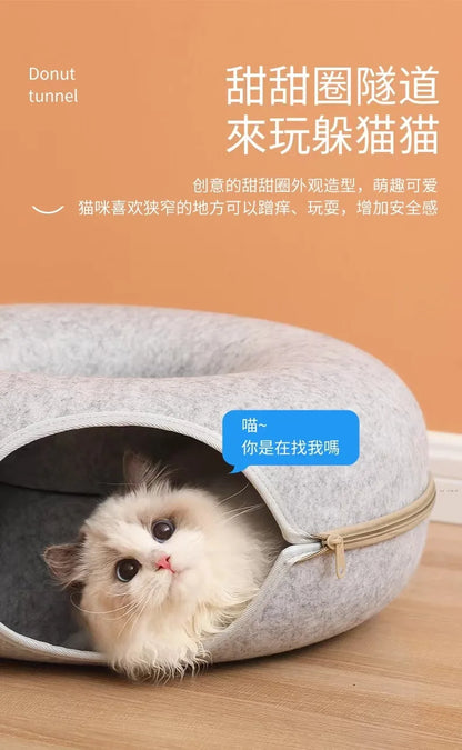 Cat resting inside the gray cave bed