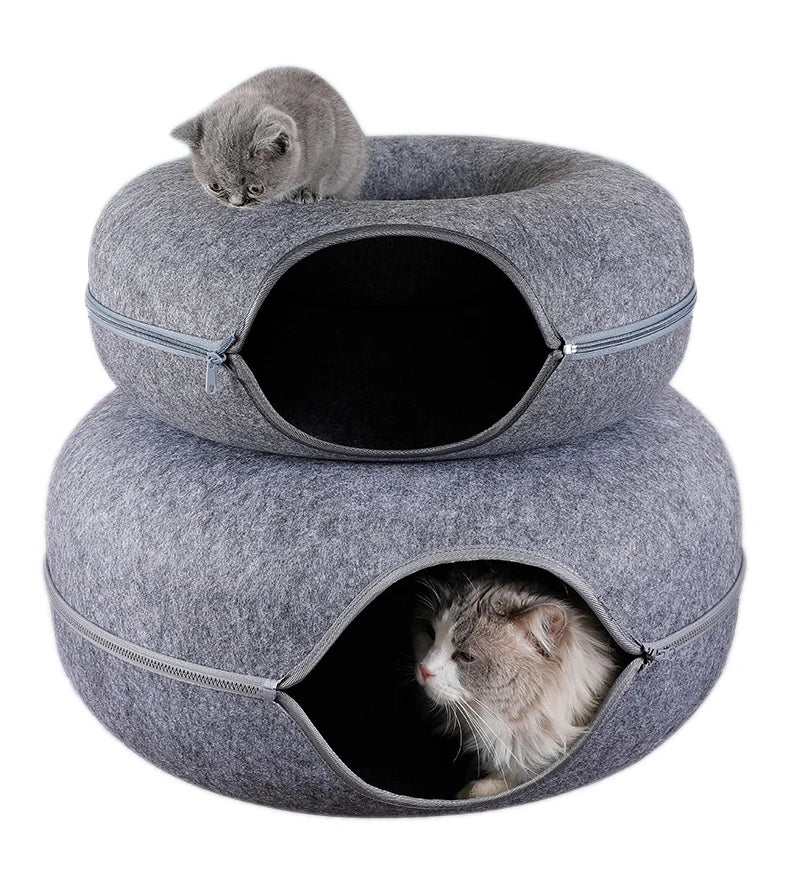 Two-level gray cat cave bed with cats