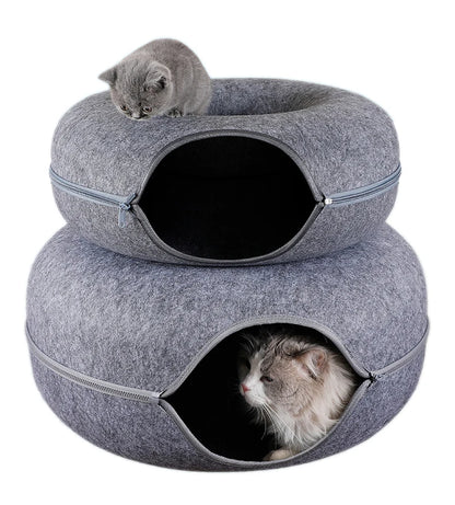Two-level gray cat cave bed with cats
