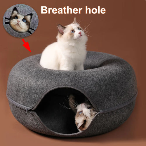 Two cats using a gray convertible cave and donut bed