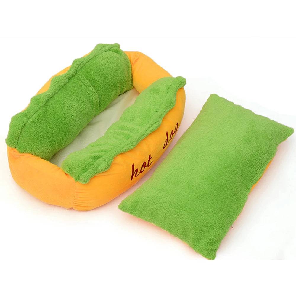 Hot dog bed with removable green cushion
