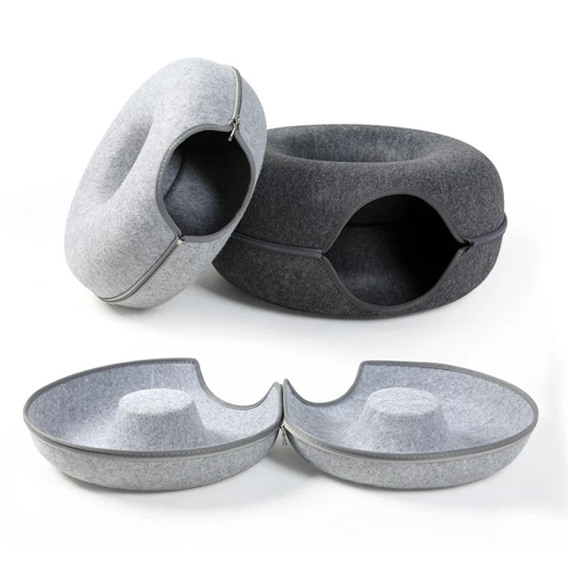 Cat bed separated into two donut loungers