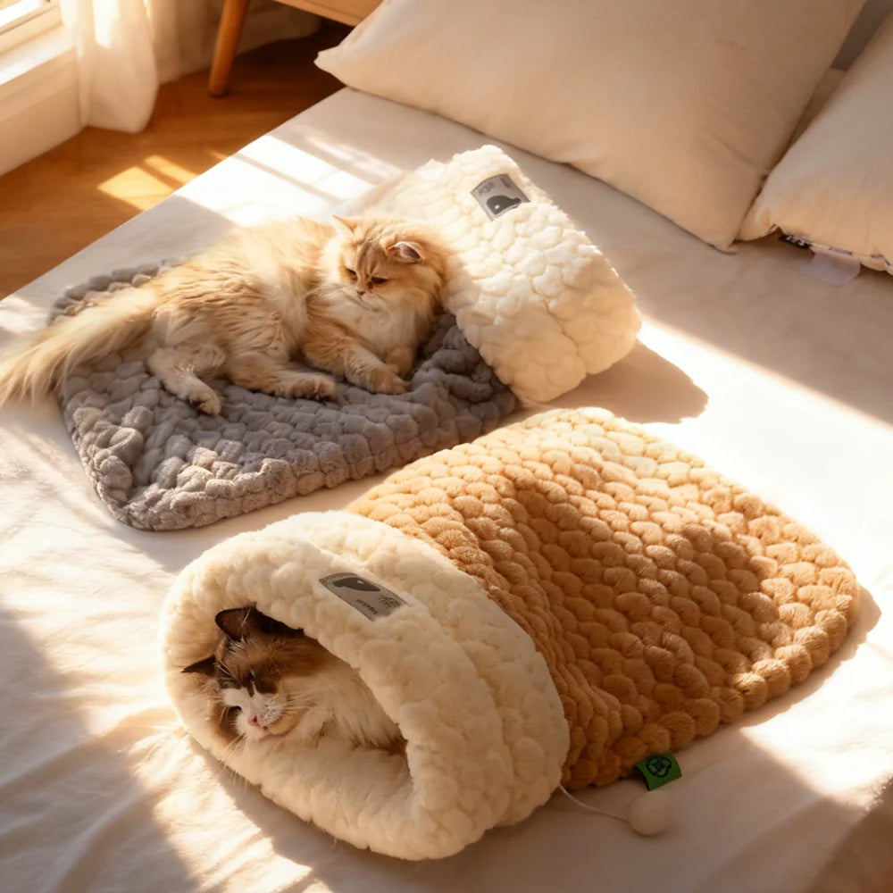 Upgraded Enclosed Cat Bed: Winter Snuggle Sack with Burrow Entry & Security Hood - Bunny-Soft Plush for Anxiety Relief