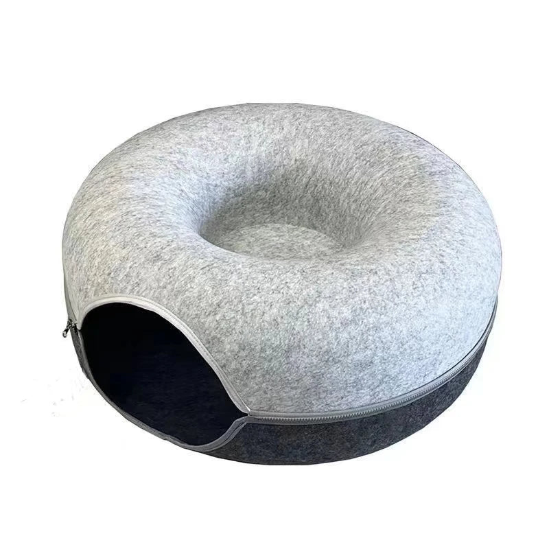 Gray donut-style cat cave bed front view