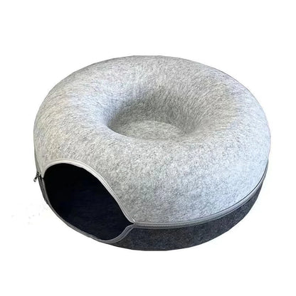 Gray donut-style cat cave bed front view