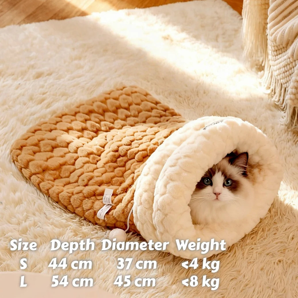 Upgraded Enclosed Cat Bed: Winter Snuggle Sack with Burrow Entry & Security Hood - Bunny-Soft Plush for Anxiety Relief