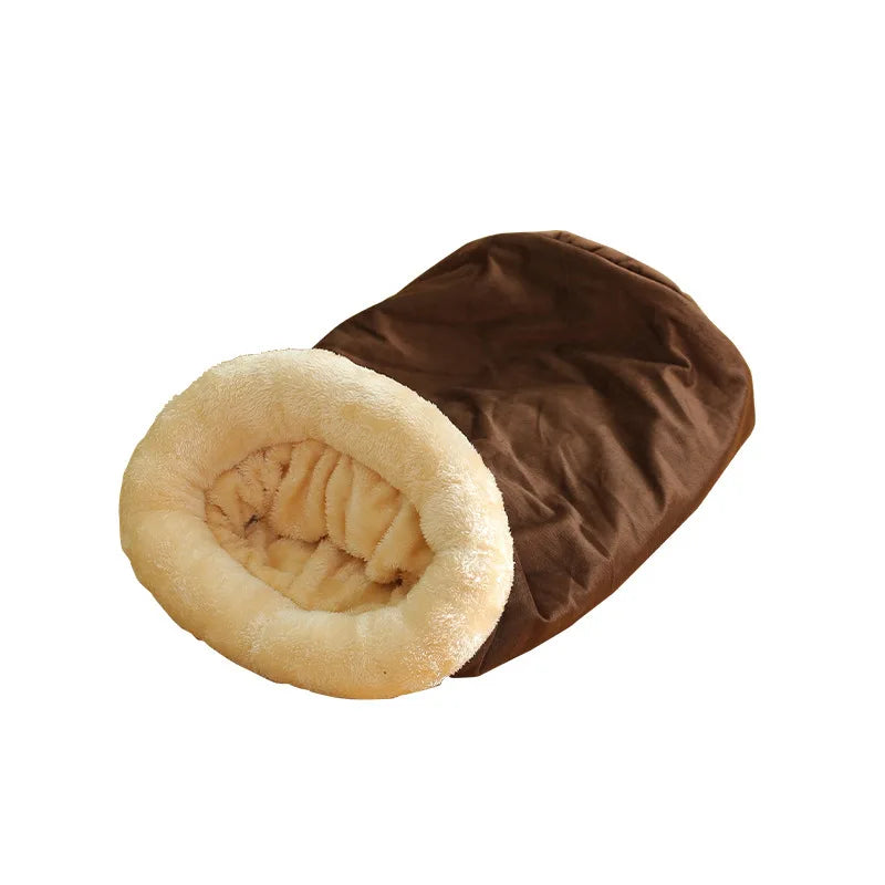Coffee-colored plush cat sleeping bag