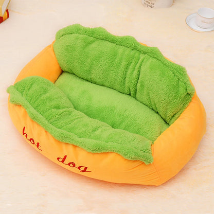 Hot dog pet bed angled view