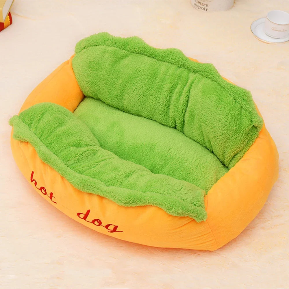 Hot dog-shaped pet lounger front view