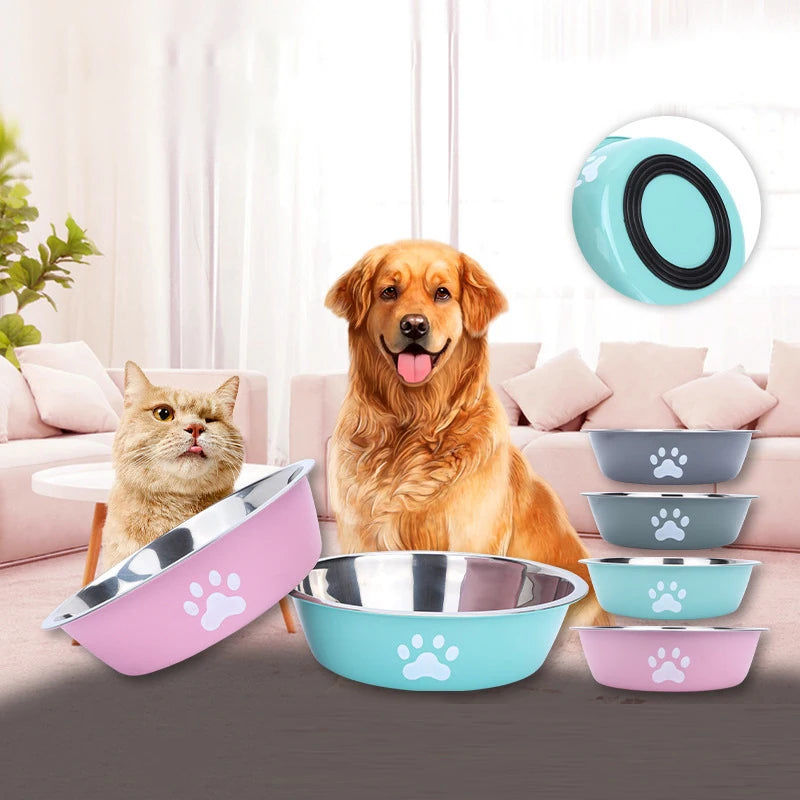 Stainless Steel Pet Bowl – Non-Slip Paw Print Dish