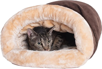 Cat peeking from the semi-enclosed sleeping bag