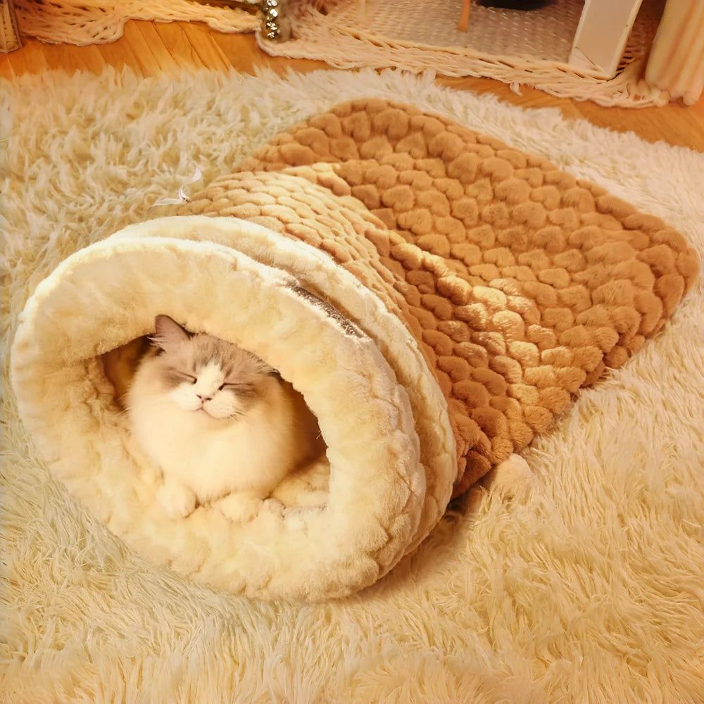 Upgraded Enclosed Cat Bed: Winter Snuggle Sack with Burrow Entry & Security Hood - Bunny-Soft Plush for Anxiety Relief