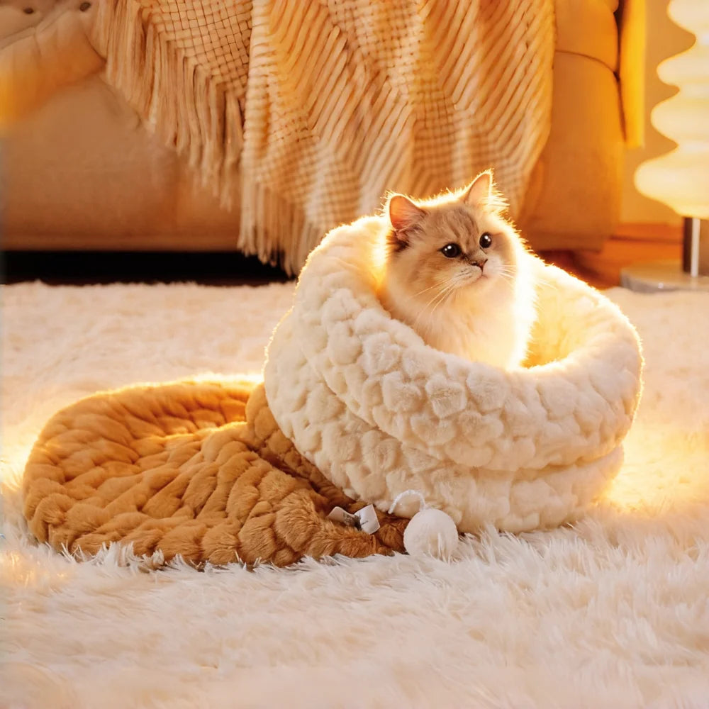 Upgraded Enclosed Cat Bed: Winter Snuggle Sack with Burrow Entry & Security Hood - Bunny-Soft Plush for Anxiety Relief