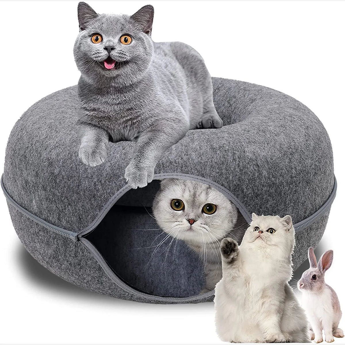 Gray double-layer cat cave bed with cats