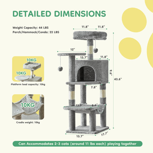 44-Inch Cat Tree – Multi-Level Climbing Tower with Sisal Scratching Posts
