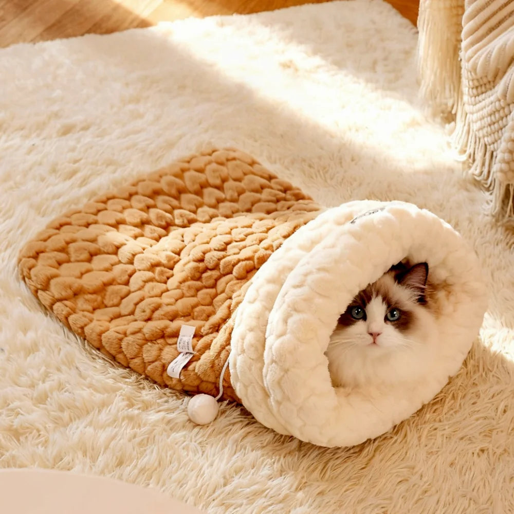 Upgraded Enclosed Cat Bed: Winter Snuggle Sack with Burrow Entry & Security Hood - Bunny-Soft Plush for Anxiety Relief